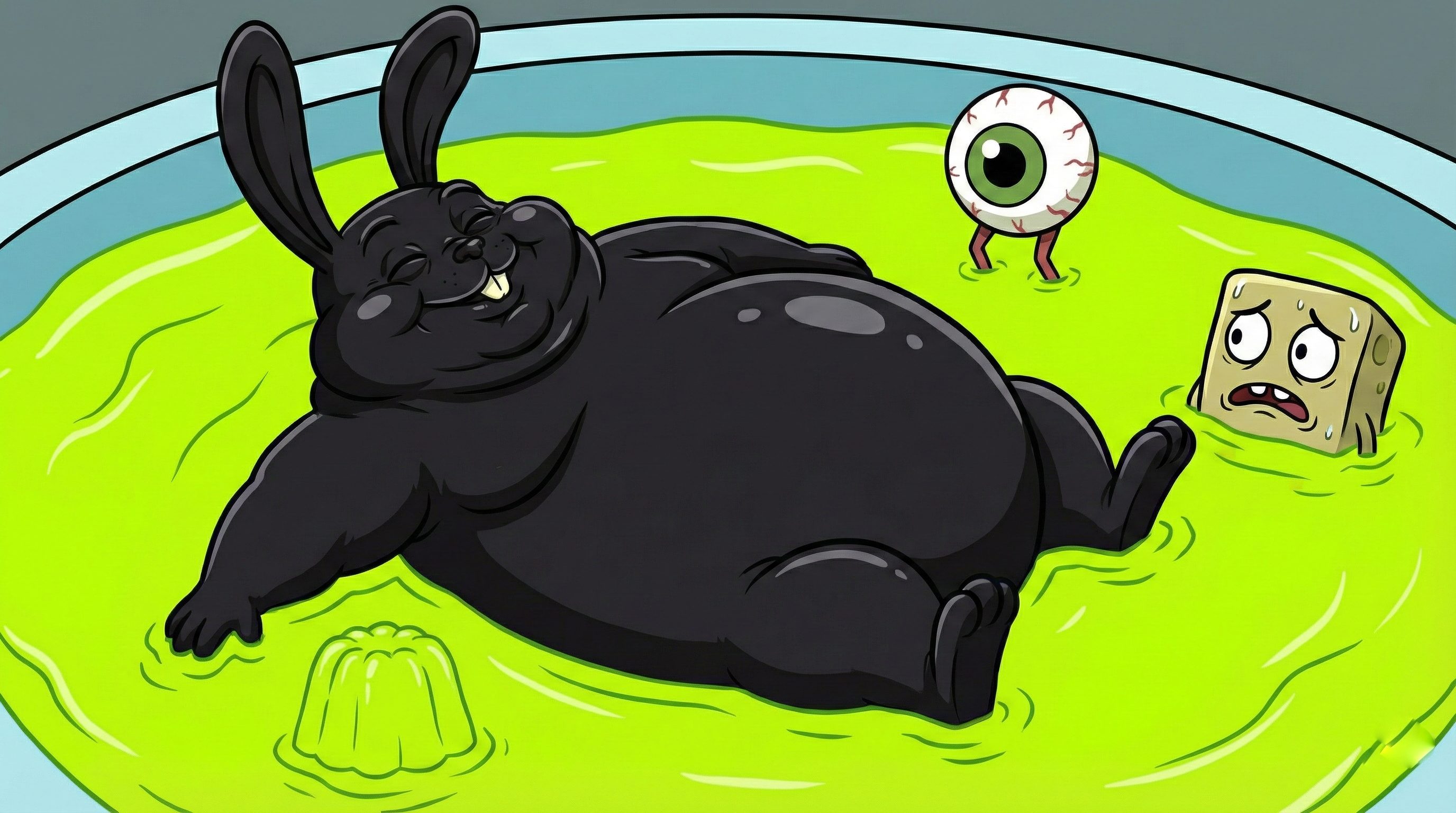 NIGGNUS floating in green slime pool with eyeball and cube characters