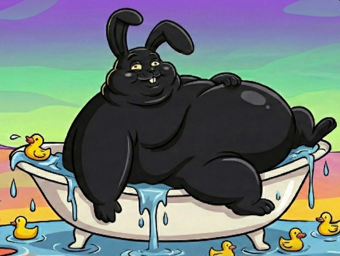 NIGGNUS in a bathtub overflowing with water and rubber ducks